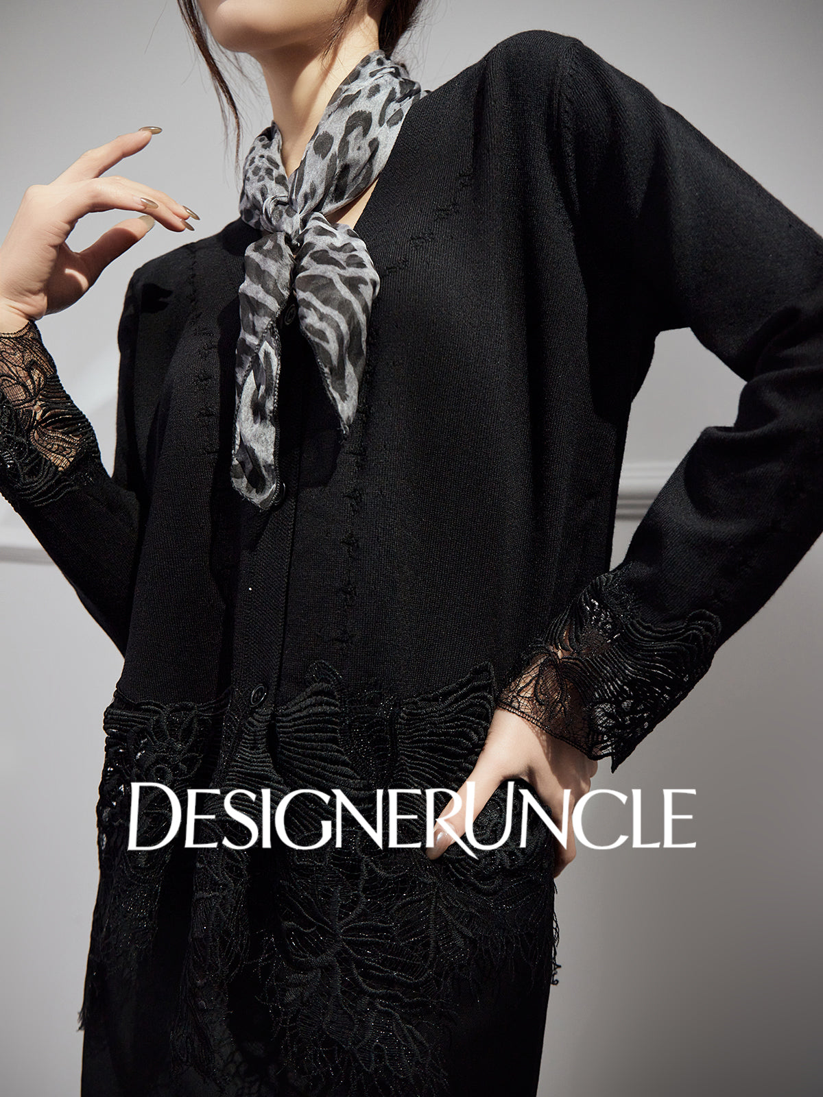 DGU Black Suit V-Neck Lace Patchwork Dress Knitted Top Two-Piece Set - FIRE.