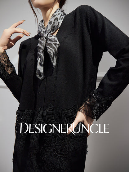 DGU Black Suit V-Neck Lace Patchwork Dress Knitted Top Two-Piece Set - FIRE.