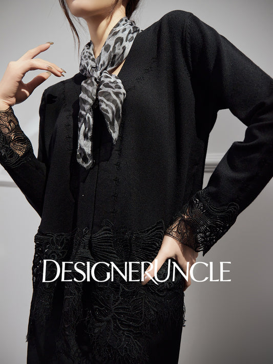 DGU Black Suit V-Neck Lace Patchwork Dress Knitted Top Two-Piece Set - FIRE.