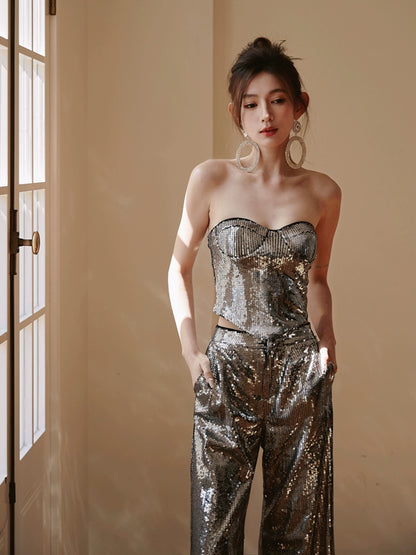 DOLLY Luxury Two Piece Sleeveless Sequin Tube Top + Long Sequin High Waist Flare Pants-THEA