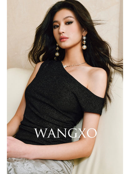WANGXO Brilliant Radiant Acetate Bright Silk Heavy Handmade Slanted Shoulder Top - NELLA
