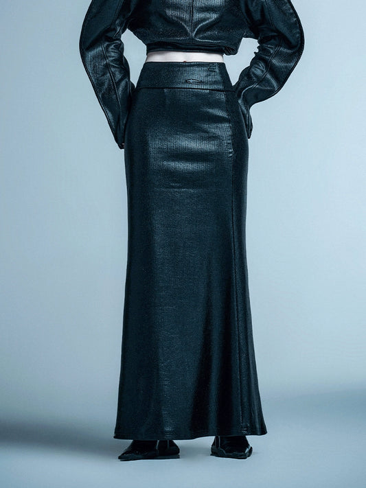 ANNAKIKI designer black folded low-waisted long skirt for women-GRAHAM