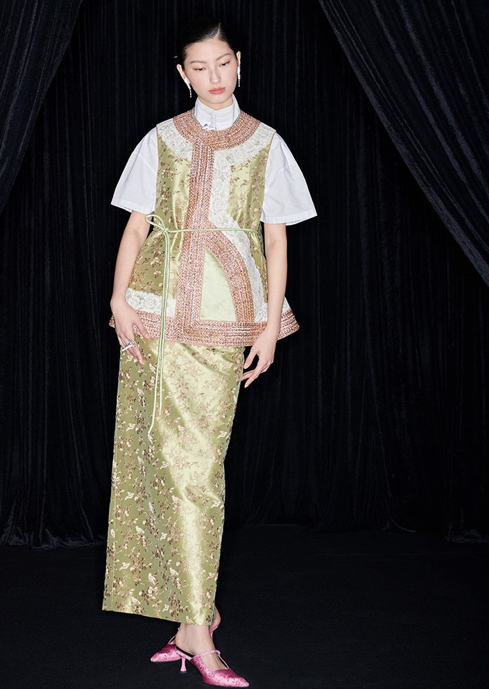 M essential Mackay designer colour-block placket vest  pencil skirt- Victoria.