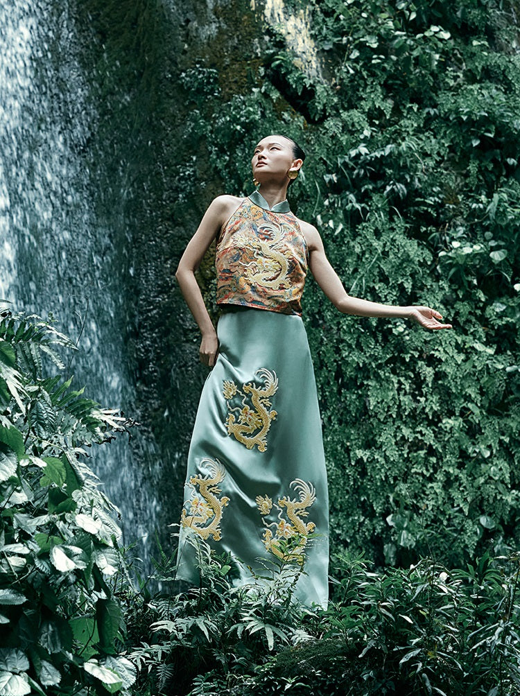 HECO Chinese Retro Mural Golden Dragon Embroidered Vest Top - ERIKA.