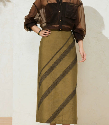 SuShe Elegant Tencel linen lace stitching back slit skirt -SARA
