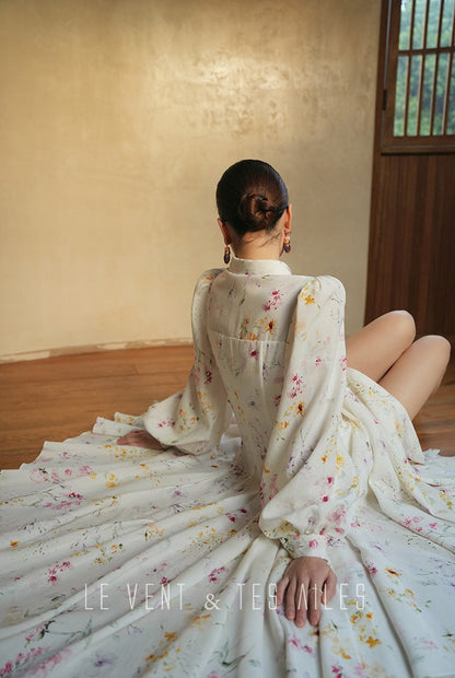 LE VENT&TES AILES Luxury summer vacation floral print Fancy Midi Dress-ZOE