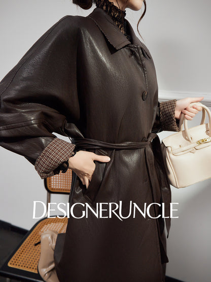 DGU|Tan leather loose slimming high-end mid-length leather jacket - Louisa.