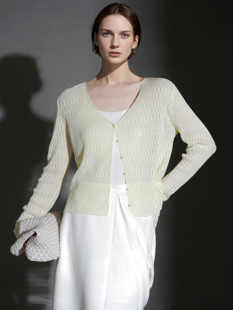 PIAOIN Tencel Linen Cool French Cutout V-Neck Cardigan Women's Slim Knit Jacket -AVA