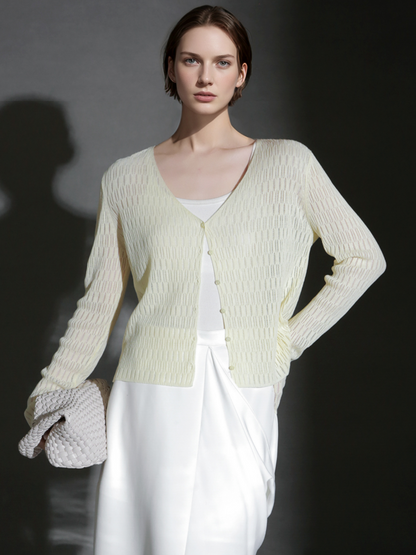 PIAOIN Tencel Linen Cool French Cutout V-Neck Cardigan Women's Slim Knit Jacket -AVA