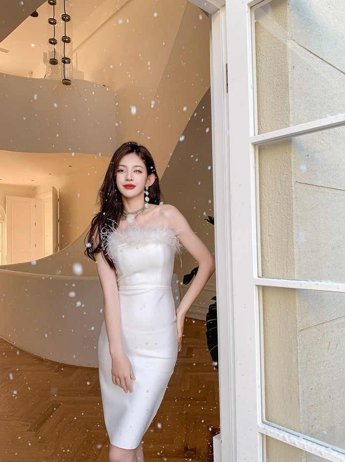 DOLLY Elegant Off Shoulder Feather Tube Top Slim Fit Dinner Date Dress-NANA