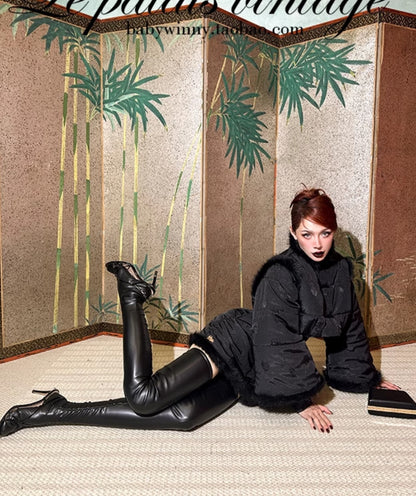 Le Palais Vintage Luxury Retro Black Cotton Short Fur Jacket + High Waist Skirt-Carla