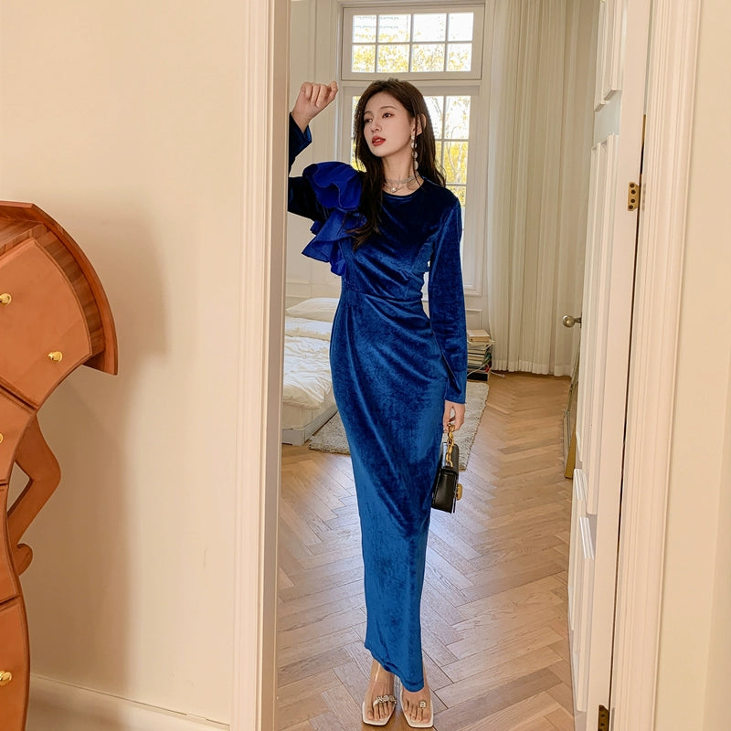 DOLLY Elegant Velvet Crew Neck Long Sleeve Ruffle Long Banquet Dress-PELKA