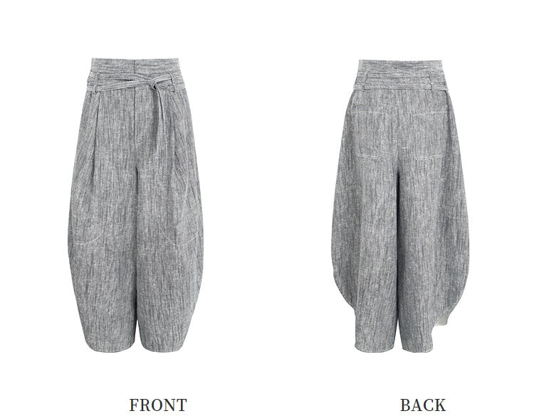 ZHUCHONGYUN Jacquard cotton linen belted loose cocoon pants-ARATAKA.