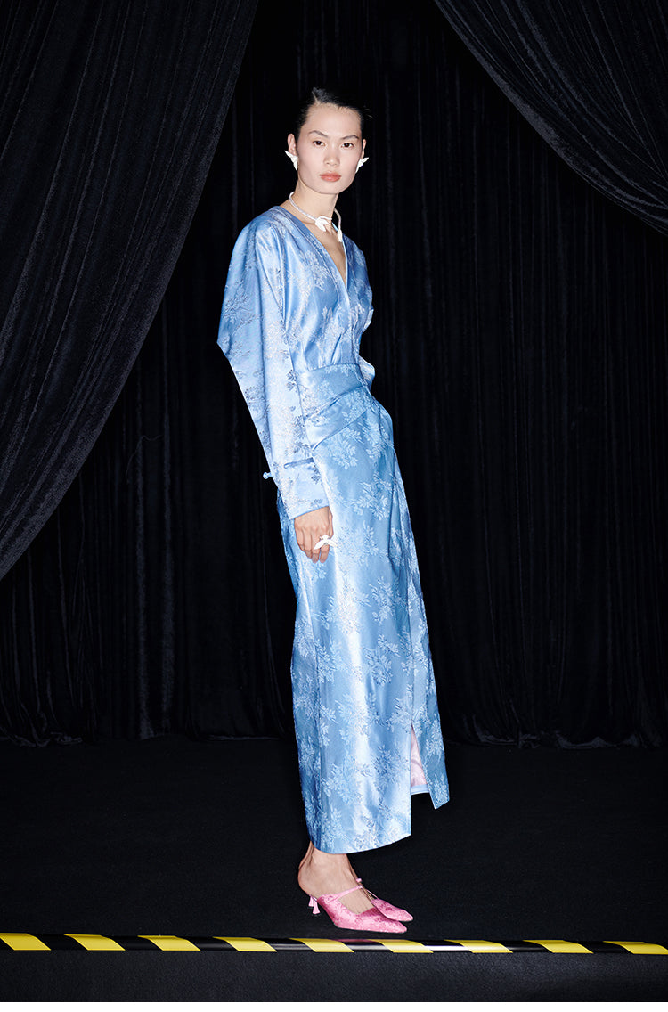 M essential Mackay designer blue Jacquard jumper-cut waist crop top slit skirt set - Janet