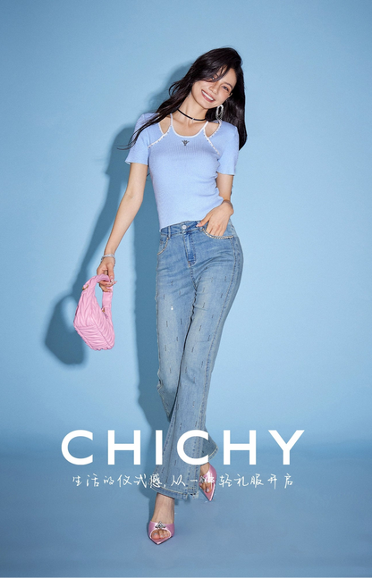 CHICHY chic bootcut high-waisted thin light blue long pants-SALLY