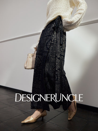 DGU|Dark Blue Printed Retro Lazy Style Design High-waisted A-Line Skirt - Antonio.