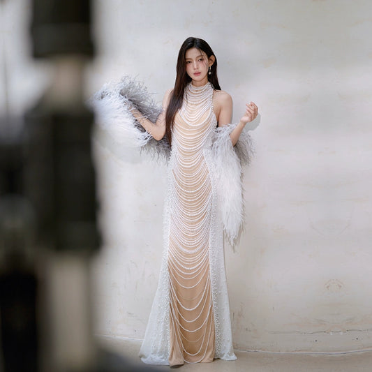 DOLLY High End Off White Halter Neck Pearl Handmade Slim Fit Dress-Kiki