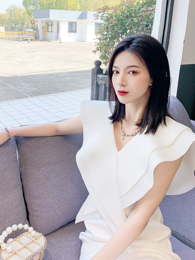 DOLLY Elegant White V-Neck Flying Ruffle Sleeve Slim Fit Long Goddess Dress-CLAUDIA