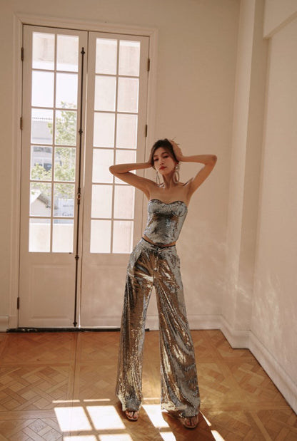 DOLLY Luxury Two Piece Sleeveless Sequin Tube Top + Long Sequin High Waist Flare Pants-THEA