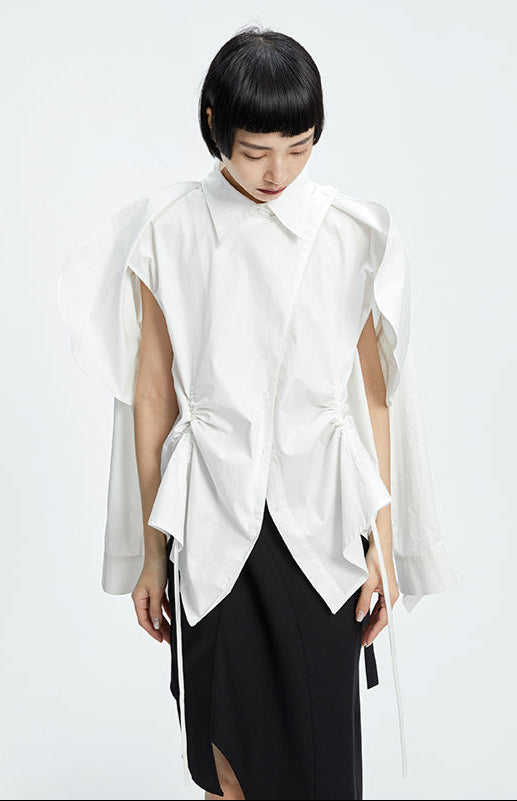 TINY IN  two irregular drawstrings waist cinching blue white shirts-DANTE