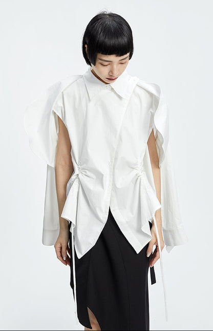 TINY IN  two irregular drawstrings waist cinching blue white shirts-DANTE