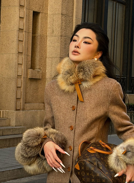 MEI SANGUAN Coffee Fur Collar Woolen Sleeve Coat- ERIC