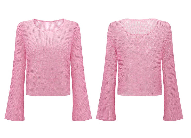 CHICHY long-sleeved cut-out gradient blended pink wool knit chic top-JARVIS