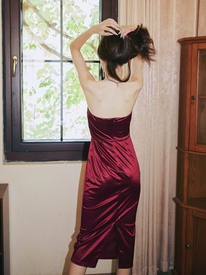 DOLLY Elegant French Style Big Bow Satin Off Shoulder Tube Top Midi Dress-MIA