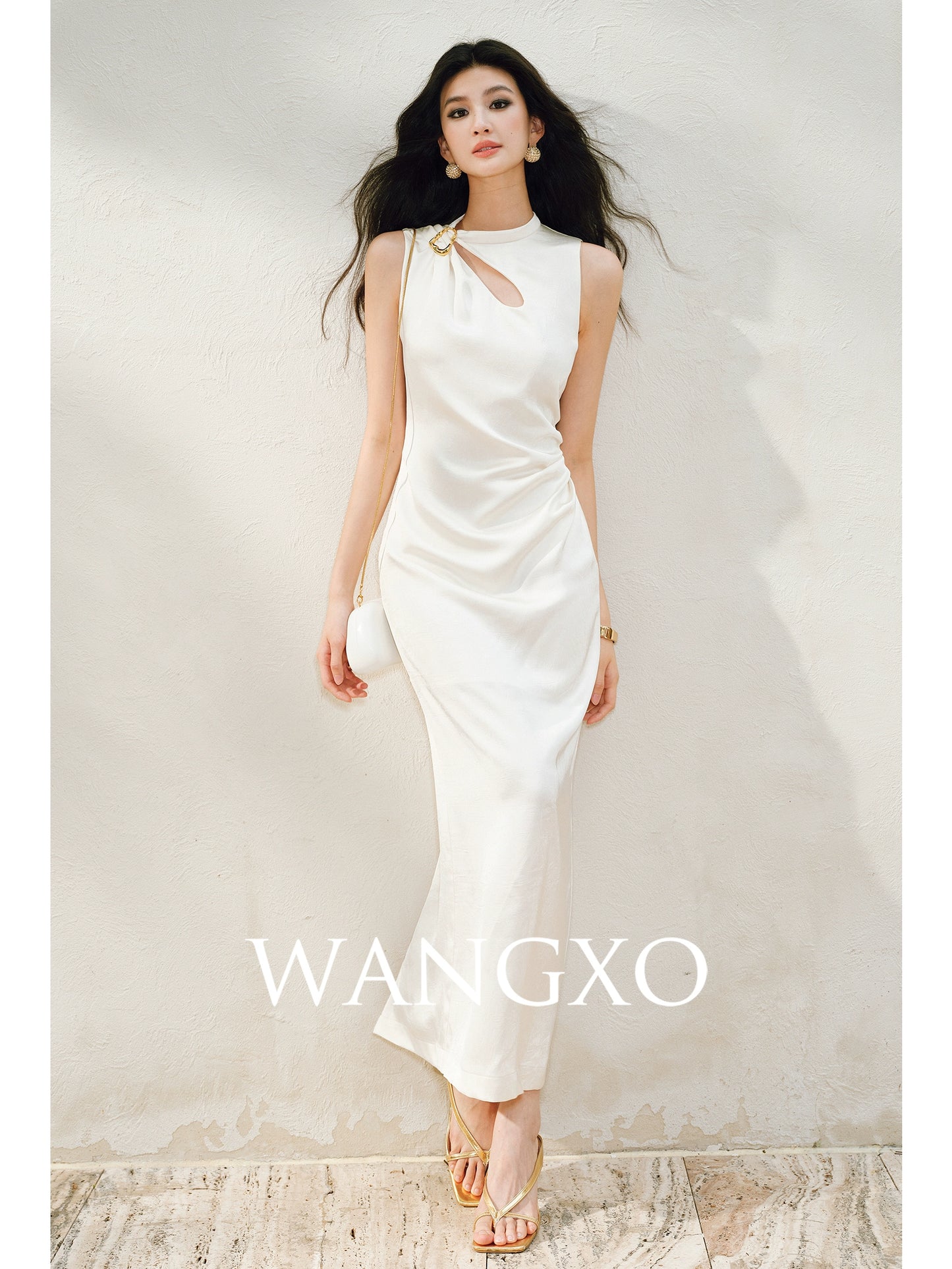 WANGXO |Water Drop Cutout, Custom Pin & Pinch-Pleated Sleeveless Dress- SENA