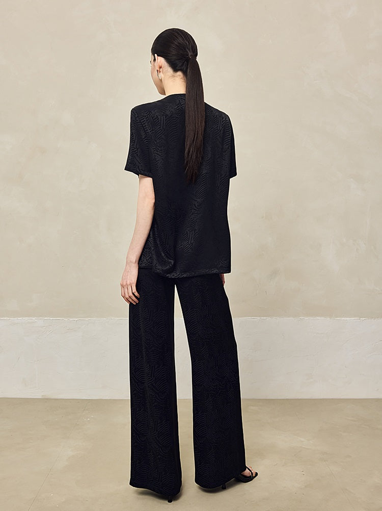 HECO Jacquard Drapy Wide-leg High Waist Casual Black White Pants - COMMAND.