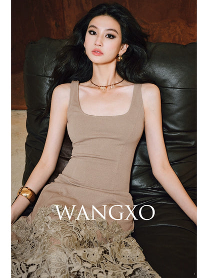 WANGXO High Stretch Knitted Stitching Neckline Slim Fit Three-Dimensional Split Sleeveless Dress - ELISE