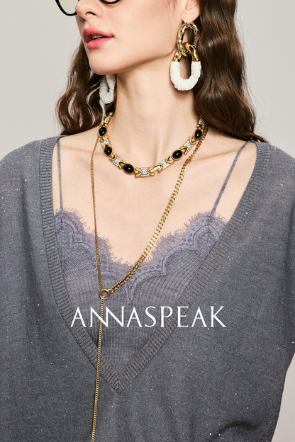 ANNASPEAK wool bead piece V-neck knit-SACE.