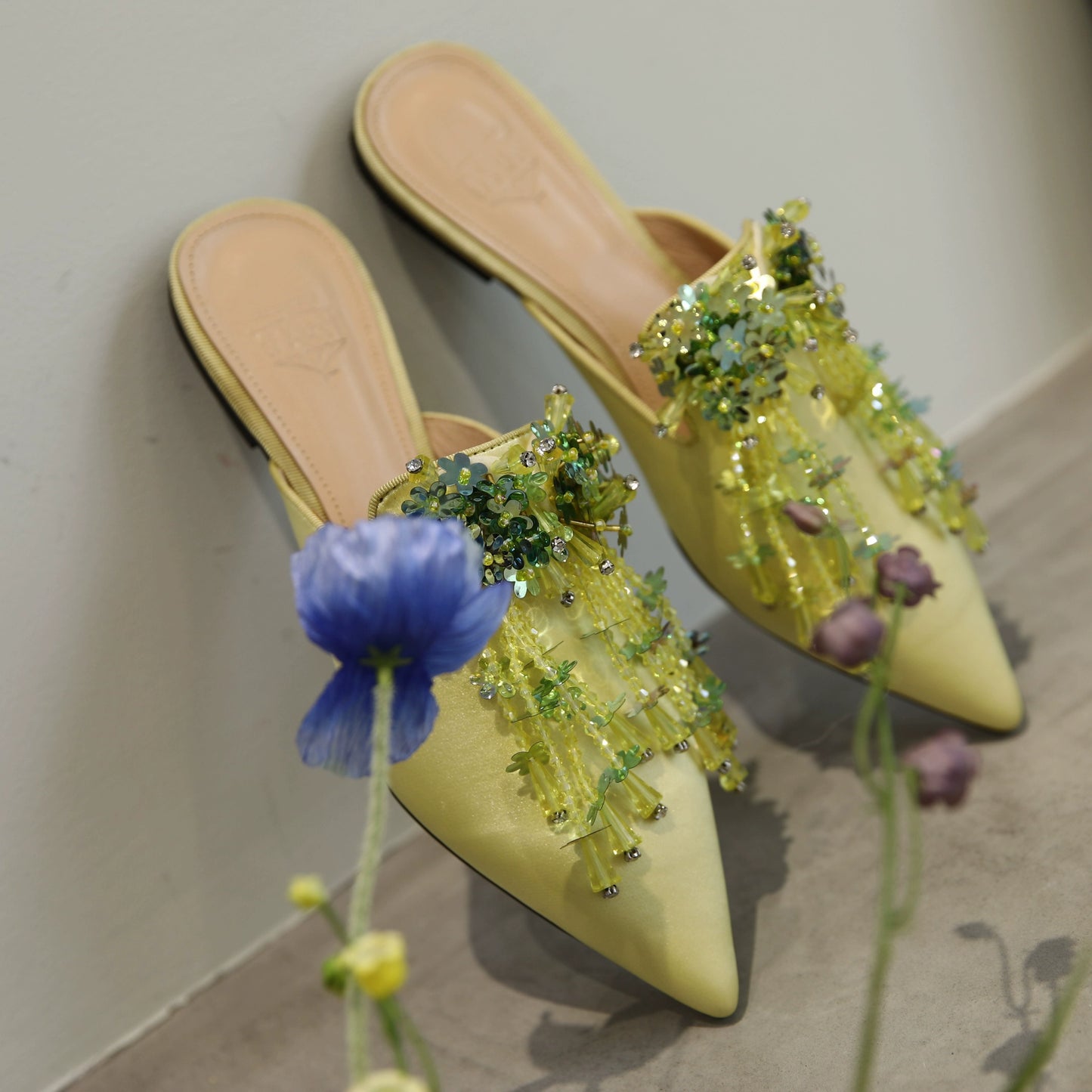 B-FEI lemon yellow flat mules pointed toe slippers-ULGA.