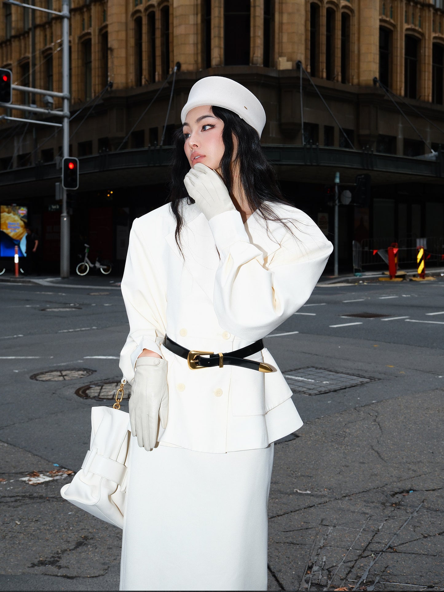 MEI SANGUAN Beige Wide-Shoulder Blazer & Midi Skirt Suit