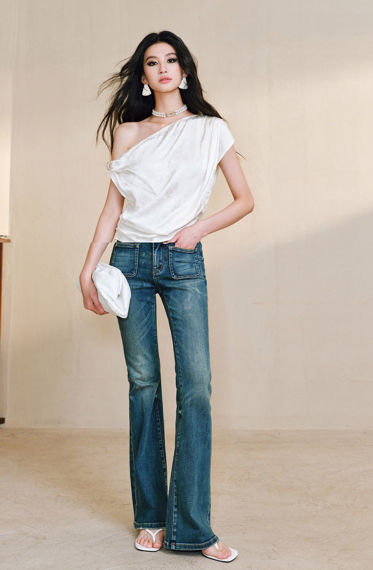 WANGXO Heavy Work Glossy Satin Hand-Pinched Pleats Slanted Shoulders Twisted Top - CERYS