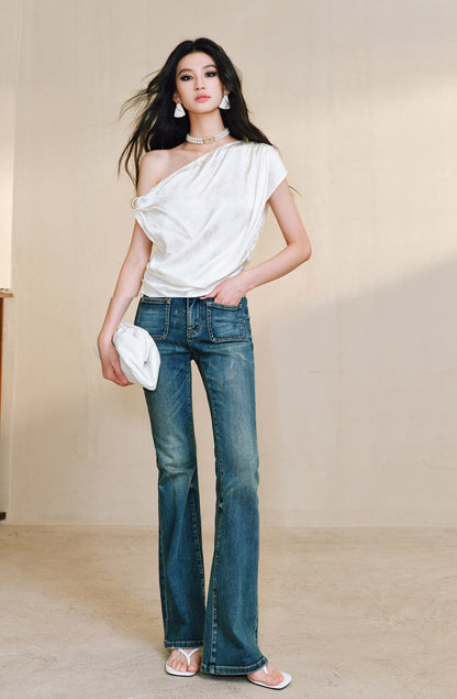 WANGXO Heavy Work Glossy Satin Hand-Pinched Pleats Slanted Shoulders Twisted Top - CERYS