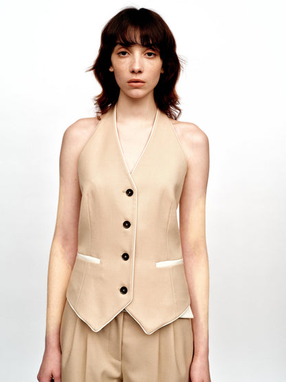 SERRER Contrasting halter neck design short vest wool top - SOPHIE.