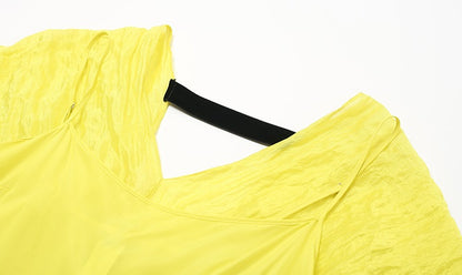 ZHUCHONGYUN yellow pleated dropped shoulder silhouette dress-MIKESE.