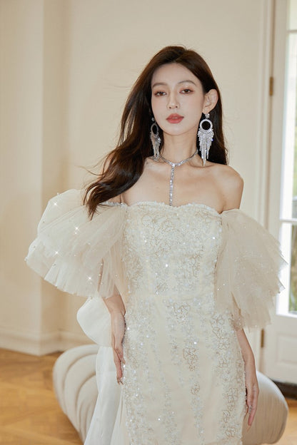 DOLLY Elegant White Flower Off Shoulder Short Puff Sleeves Short Dinner Dress-OTHELLA