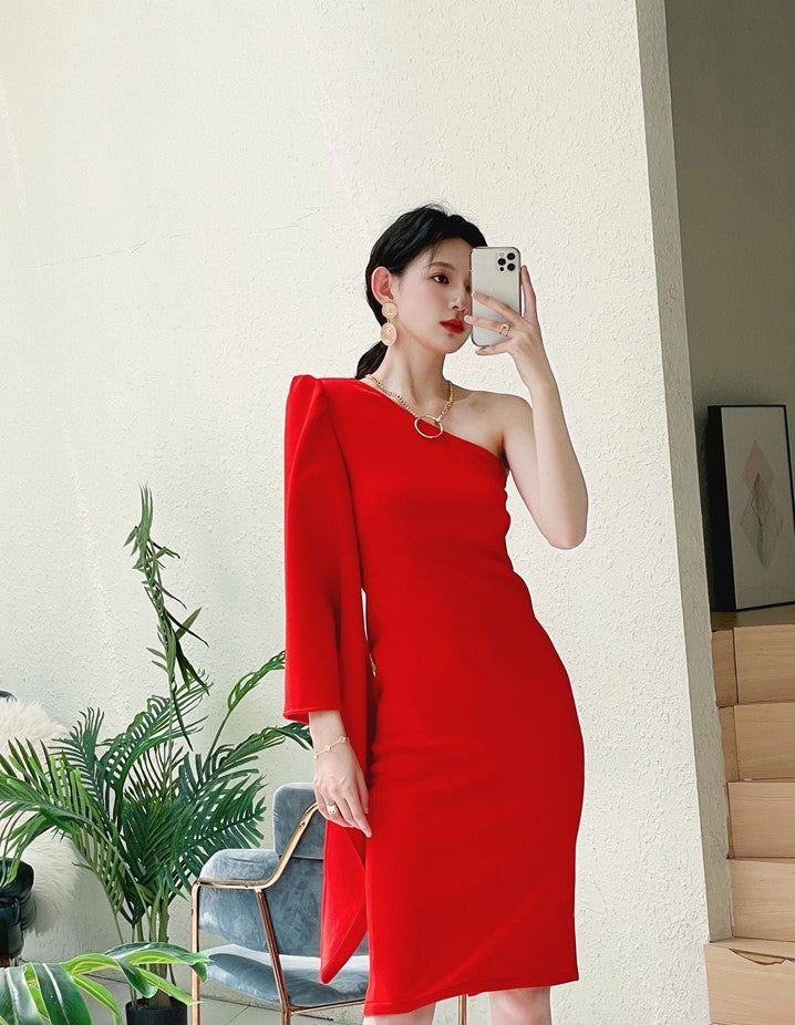 DOLLY Elegant One Shoulder Long Trumpet Sleeve Slim Fit Wedding Guest Dress-MALA