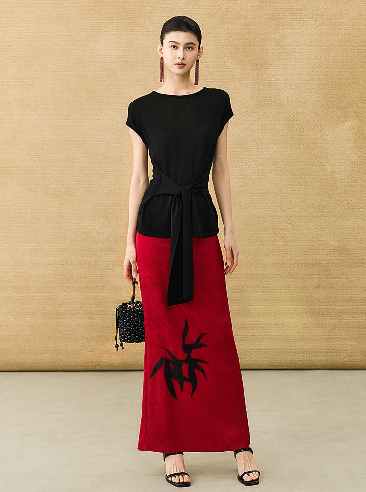 HECO Chinese high-end acetate bamboo feminine temperament printed slit skirt - COLT.