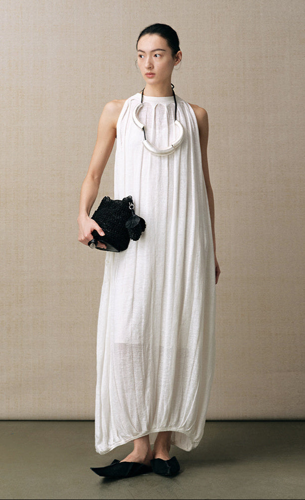 ZHUCHONGYUN white sleeveless gathered neckline balloon hem dress-NID.