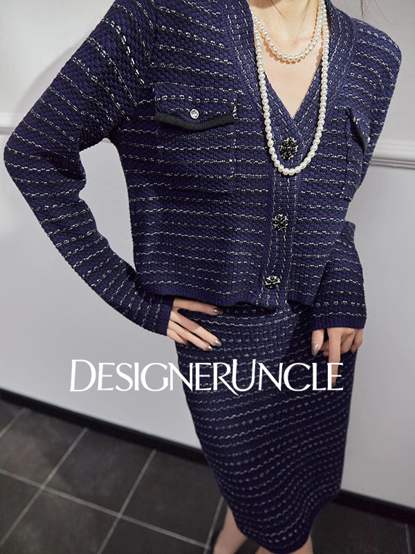 DGU|Royal Blue SSmall Fragrance V-Neck Elegant Knitted Top Two-Piece Set.