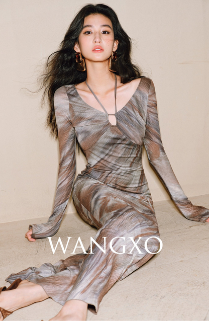 WANGXO Galaxy Muse -Starry Silver Oil-Paint  Halterneck Dress - SABLE