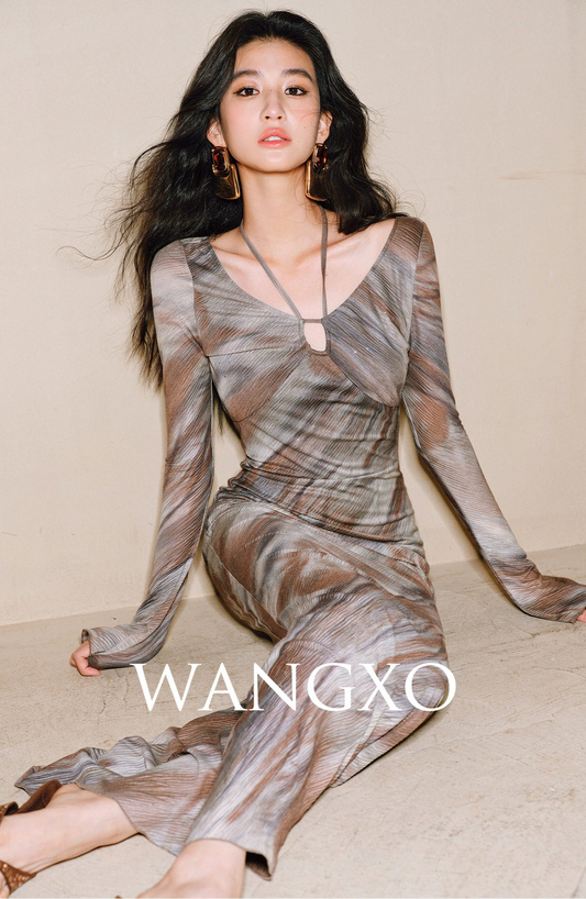 WANGXO Galaxy Muse -Starry Silver Oil-Paint  Halterneck Dress - SABLE