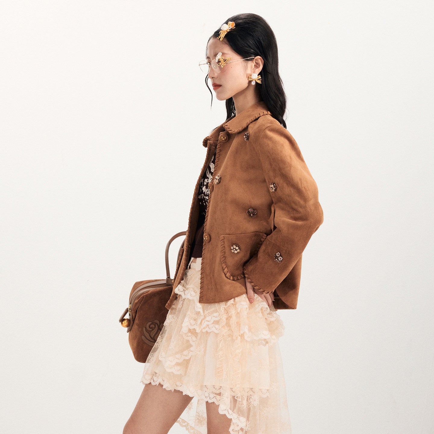 FAME Brown Three-Dimensional Flower Beaded Suede Jacket Top - KENNY.