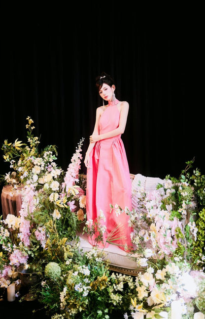 DOLLY Elegant Pink Halter Neck Sleeveless Long Loose A-Line Evening Dress-AMELIA