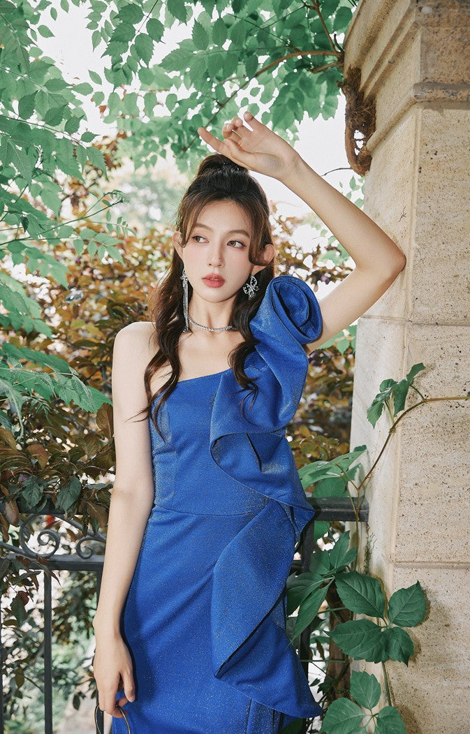 DOLLY Elegant Blue Retro Style Ruffled Off Shoulder Long Slim Fit Slit Dinner Dress-CHITA