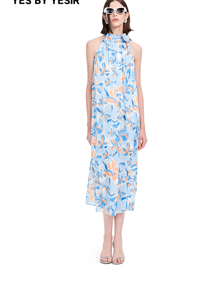 YES BY YESIR |Ye Qian Streamer Yarn Print Strappy Dress with Sunset Flow - MELANIA.