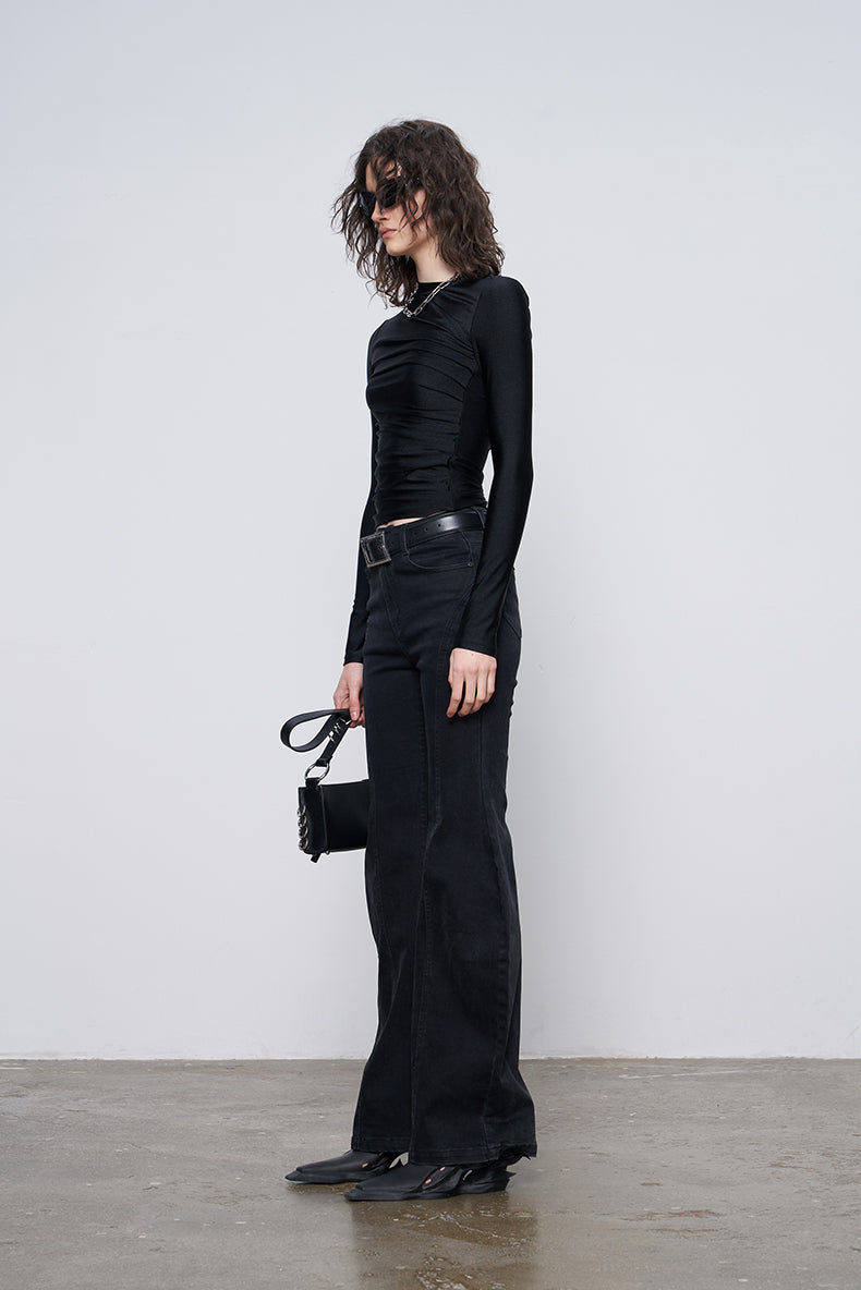 ANNAKIKI black pleated texture long-sleeved  top for women-VENUS